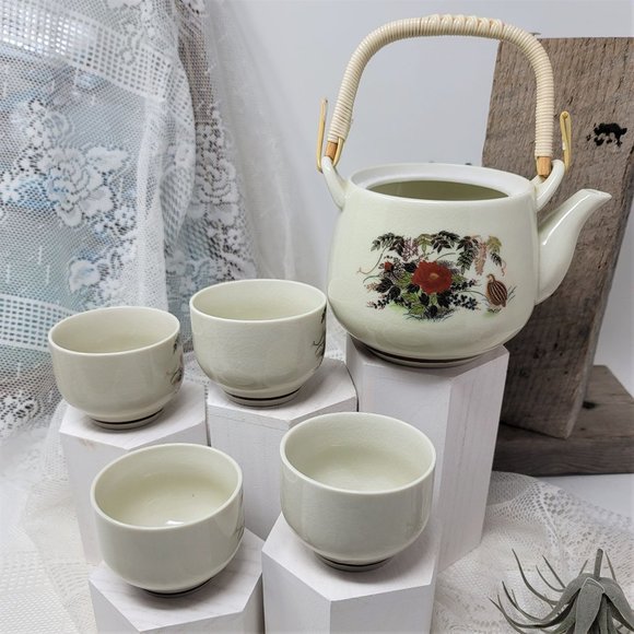 Vintage Teapot with 4 Cups Floral & Birds Japan - Picture 8 of 9